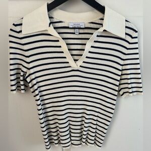 & Other Stories Cream and Black Striped Short Sleeve Collared Knit Top